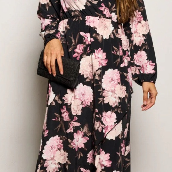 NWT Women's Long Sleeve Floral High Low V-Neck Flowy Party Long Maxi Dress - Picture 4 of 12